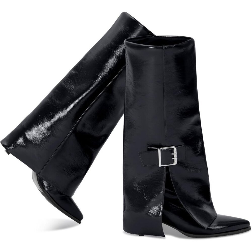 Women's Black Out Fold Over Pointed Toe Kitten Heels Wide Calf Minimalist Boots
